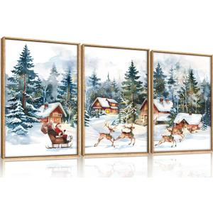 Christmas Santa Sleigh Deer Framed Canvas Wall Art Set, Reindeer Design Decor, Winter Snow Forest Tree Wall Painting, Christmas Art Print for Living Room, Bedroom, Office 16"x24"x3