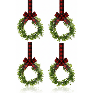 WILLBOND 4 Pcs Christmas Kitchen Cabinet Wreath Boxwood Garland with Ribbon Greenery Garland Hanging Wreaths for Cabinet Wall Window Door Fireplace Party Farmhouse Decor(Black and Red,Fabric)