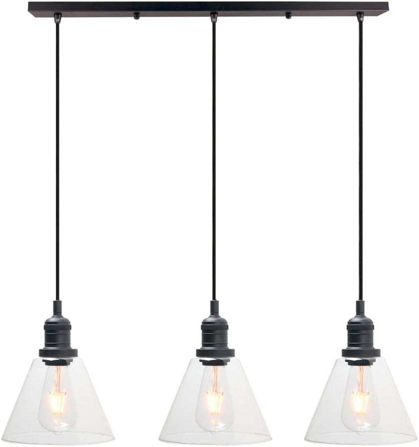 Phansthy Industrial 3-Light Pendant Light, Adjustable Hanging Light Fixture with Clear Glass Shade, 3-Lights Kitchen Island Chandelier E26 Base (Black)