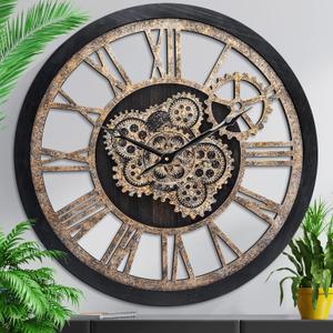 HOIBAI Wall Clock for Living Room Decor, Large, 24 in (60cm), Moving Gear, Farmhouse Vintage Industrial Oversized Wall Clock (Retro Black With Bronze Gears)