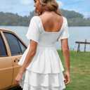 Florboom Women's Sweetheart Neckline Chiffon Dress Boho Smocked Tiered Flutter Sleeve Layered Mini Dresses (White, M)