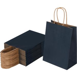 Joybe 50 Pack 5.95x3.25x8 Inch Small Navy Blue Paper Bags with Handles Bulk, Kraft Paper Gift Bags for Birthday Party Favors Grocery Retail Shopping Business Goody Merchandise Craft Blank Sacks