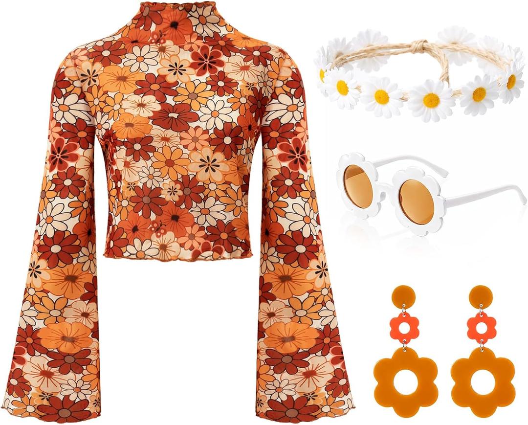 Shihanee 60/70s Hippie Costume Outfits Set for Women Bell Sleeve Floral Mesh Crop Top Glasses Earrings Headband Accessories (X-Large)