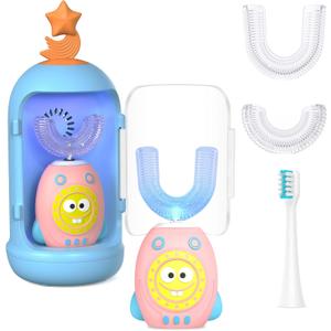 FTOYIN Kids Electric Toothbrush with 3 Brush Heads, U Shaped Ultrasonic Toothbrush Kids with 5 Modes, 45s Smart Reminder, 360-Degree Automatic Cleaning, IPX7 Waterproof Design (Light Pink)