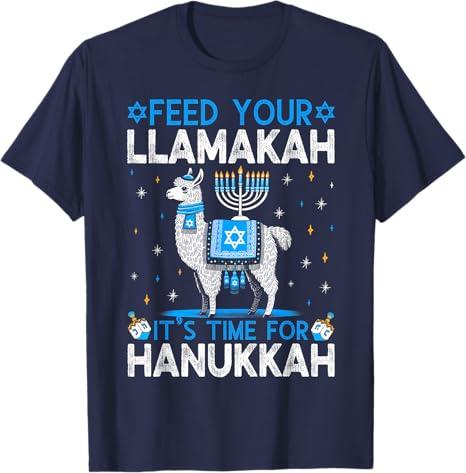 Feed Your Llamakah It's Time For Hanukkah Llama Chanukah T-Shirt(2XL, Navy Blue)