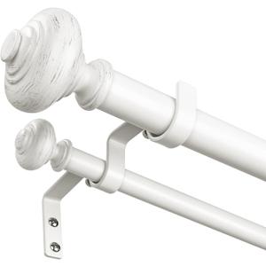 White Double Curtain Rod 36 to 76 Inch, Decorative Adjustable 1 Inch Heavy Duty Dual Curtain Rods for Windows, Boho Rustic Vintage Double Drapery Pole with White Finial
