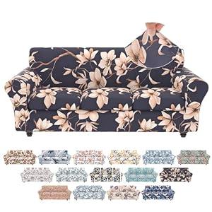 Floral Pattern Stretch Sofa Cover Printed Couch Covers 4 Piece Armchair Slipcover Set with 3 Separate Chair Cushion Cover, Washable Furniture Protector Elastic Living Room Sofa Covers, for Kids Pet