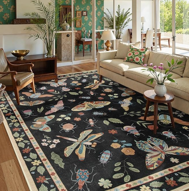 Lahome Insect Print Washable Area Rugs 5x7, Soft Rugs for Living Room Ultra-Thin Non-Shedding Modern Bedroom Rug, Throw Rug Large Carpet for Dining Room Nursery Vionnet(5'x7',Blac)