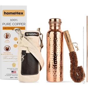 Pure Copper Water Bottle, Hammered Design, 34oz Capacity, Leak-Proof, with Carrying Bag, Straw, Cleaning Brushes for Ayurvedic Health, Hydration, Yoga, Office, Travel