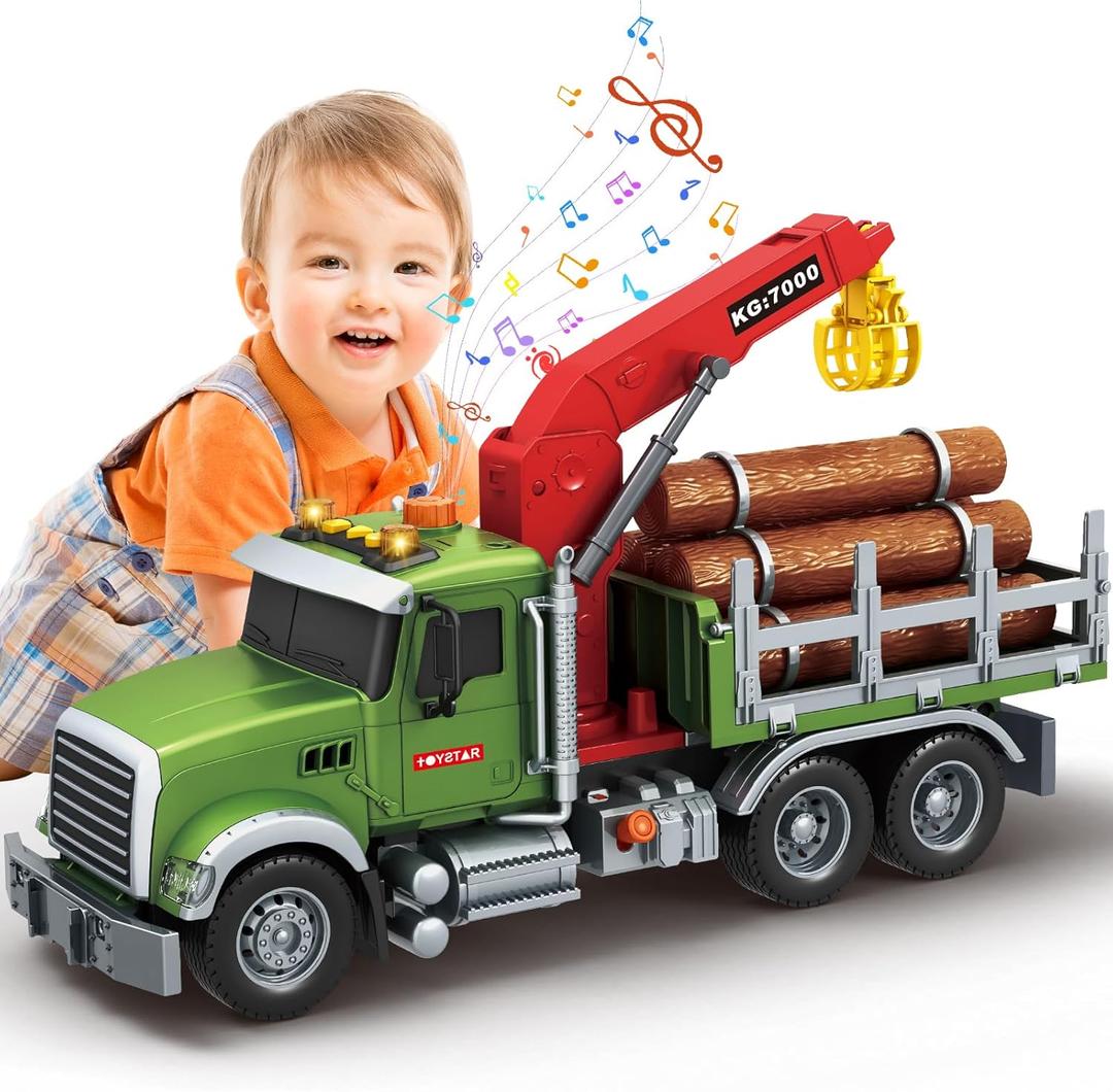 Mostop Logging Truck Kids Toy for 3 4 5 6 7 8 Year Old Boys, 15 Farm Logging Truck with Crane and 6 Trunks, Lights, Sounds, Friction Powered Timber Transport Log Tow Truck Toy Birthday Gift