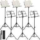 Threehoney 6 Pack Portable Folding Music Stand with Carrying Bags, Dual Use Metal Desktop Book Holder, Adjustable Height 25.659", Stable Tripod for Musicians, Students & Band(Black)