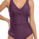 Buauty Women's V Neck Ruched One Piece Swimsuit Tummy Control Bathing Suits Flattering Beach Vacation Swimwear Black (L)