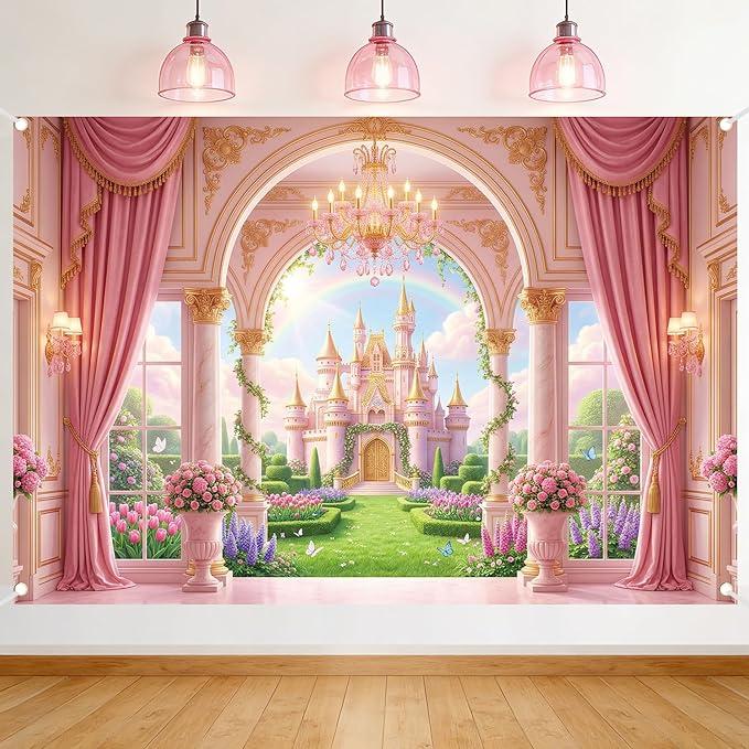 Princess Castle Palace Backdrop for Girl - 7x5 ft Pink Princess Birthday Party Supplies Pink Castle Backdrop for Wedding Baby Shower Decorations Little Princess Fantasy Fairyland Photo Booth Props