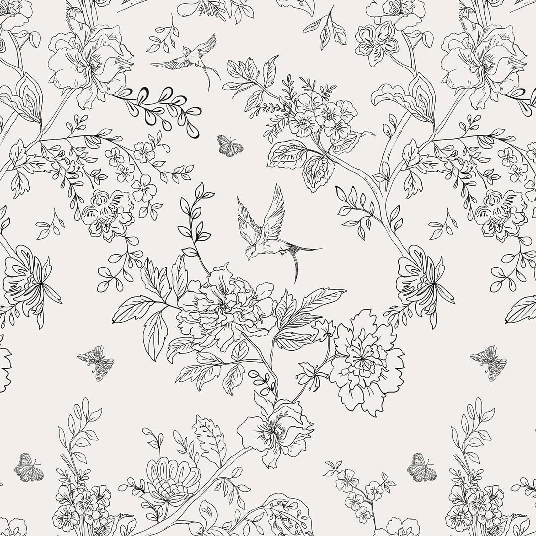 Froluya Black and Cream White Floral Wallpaper Peel and Stick Wallpaper 17.7in×393.7in Vintage Floral Contact Paper Flowers Birds Removable Self Adhesive Decorative Wall Paper for Bathroom Cabinets