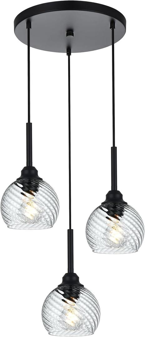 3 Light Black Cluster Pendant Light with Striped Swirl Globe Glass Pendant Lighting for Kitchen Island, Modern Dining Room Light Fixtures Over Table Hanging Ceiling Light, E26 Base