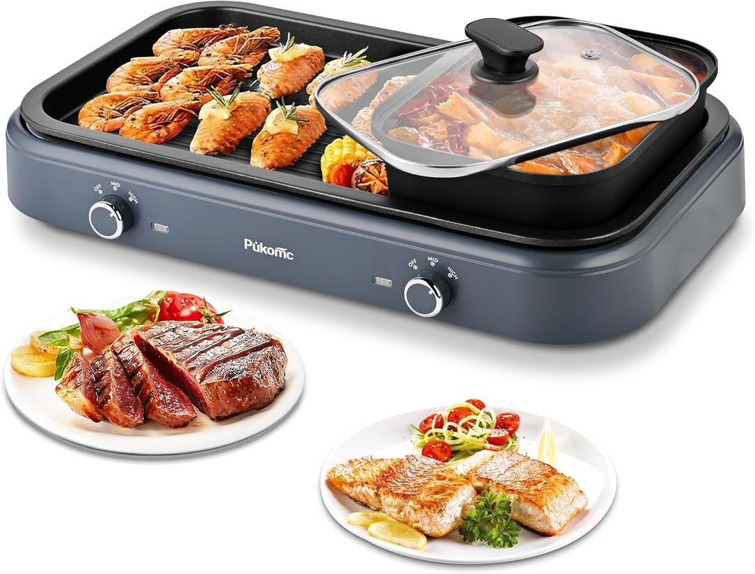 Pukomc Electric Hot Pot with Grill2 in 1 Korean BBQ Grill Shabu Shabu Hot Po 1500W / Temperature Control, Quick Heating Detachable Hot Pot and Baking Traygray