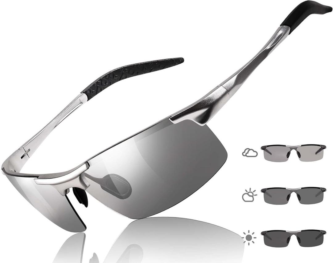 TJUTR Mens Photochromic Sunglasses Day & Night Driving Z87 Sun Glasses Polarized UV400 Protection Safety Glasses (A Silver Frame/Grey Photochromic Polarized Lens)