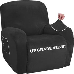 ZNSAYOTX Stretch Velvet Recliner Cover 4-Pieces, Thick Soft Recliner Chair Slipcover with Pocket, Non-Slip Elastic Bottom for Kids Pets, Luxury Plush Reclining Protector Comfy Washable (Black) (Large)