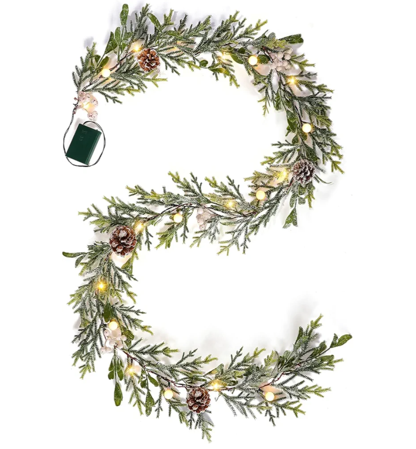 6FT Snow Cedar Pine Garland,Prelit Christmas Garland with Timer,Realistic Garlands Battery Operated for Winter Holiday Outdoor Staircase Decorations 20LED. 2 ps