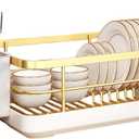 Dish Drying Rack for Kitchen Counter - Space-Saving Gold Dish Rack with Drip Tray & Cutlery Holder, Carbon Steel Removable Dish Drainer Rack