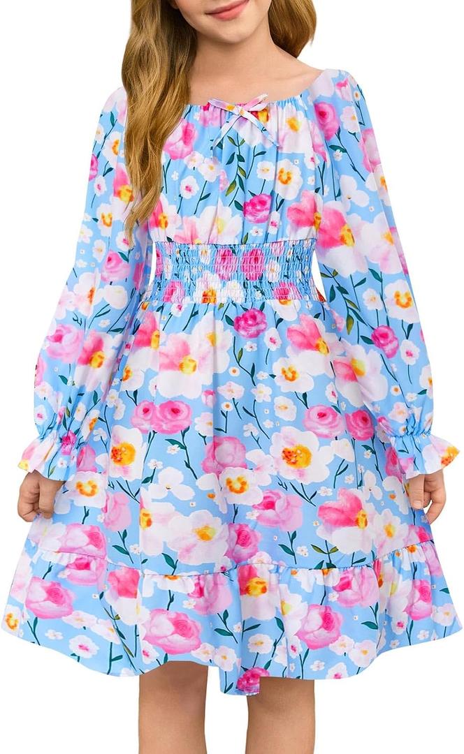 Haloumoning Girls Fall Long Sleeve Floral Dresses Kids Square Neck Smocked Holiday Party Dress 5-14 Years