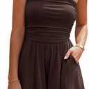 BTFBM Strapless Boho Womens Romper 2026 Summer | Off The Shoulder, Tube Tops Shorts Jumpsuits, Pockets, Lightweight, Date Night Rompers, Resort Wear, Beach Vacation Clothes (Brown, S)