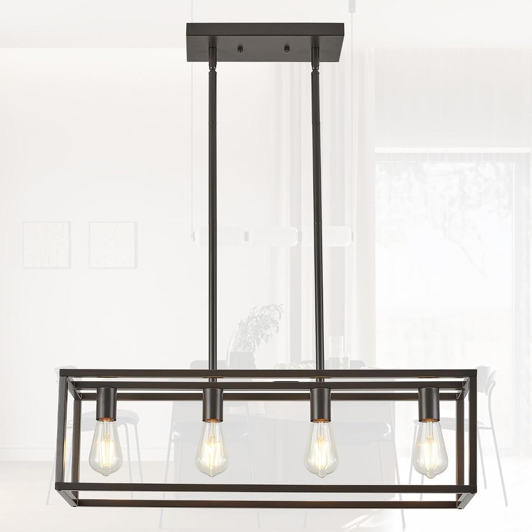 Farmhouse Rectangle Chandeliers for Dining Rooms, Modern Linear Hanging Light Fixture Matte Oil-Rubbed Bronze 4-Light Industrial Pendant Lighting for Kitchen Island