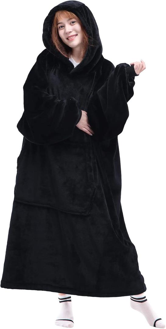Waitu Wearable Blanket Sweatshirt Gifts for Women and Men, Warm and Cozy Giant Blanket Hoodie, Thick Flannel Blanket with Sleeves and Giant Pocket - Black (Adult)