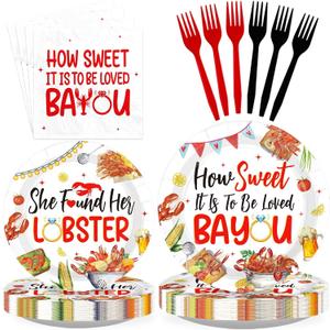 96 Pcs Crawfish Boil Engagement Party Decoration, Serves 24 | How Sweet It is to be Loved Bayou Plates Lobster Crawfish Bridal Shower Decorations for Summer Wedding Party Supplies