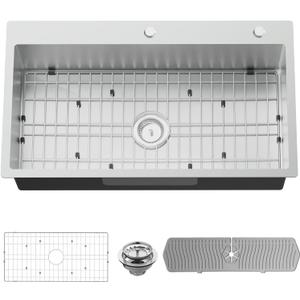 Kitchen Sink, 33x19 Inch Stainless Steel Drop In Modern Large Single Bowl Topmount Kitchen Sink Gift Combo-SS Grid,Silicon Mat, Drain Strainer Set Compatibility With Various Kitchen&Bar Style, 33x19x8 inches