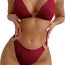 SweatyRocks Women's Ring Linked Halter Push Up Bikini Swimsuit High Stretch Bathing Suit Swimwear Set Swimming Suit Two Piece (Medium, Burgundy)