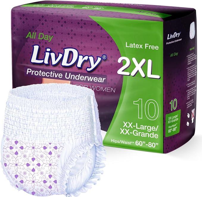 4 x Livdry XXL Adult Diapers for Women, Ultimate Absorbency Incontinence Underwear, All Day or Overnight Protection, XX-Large (10 Count)