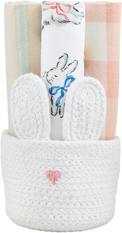 Mud Pie Blue Bunny Basket Towel Set; Towel 12" x 12" | Basket 4 1/2" x 4" Dia
