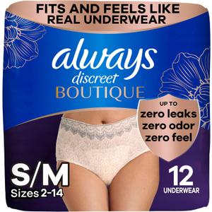 Always Discreet Boutique Adult Incontinence & Postpartum Underwear For Women, High-Rise, Size Small/Medium, Rosy, Maximum Absorbency, Disposable, 12 Count (Packaging May Vary)