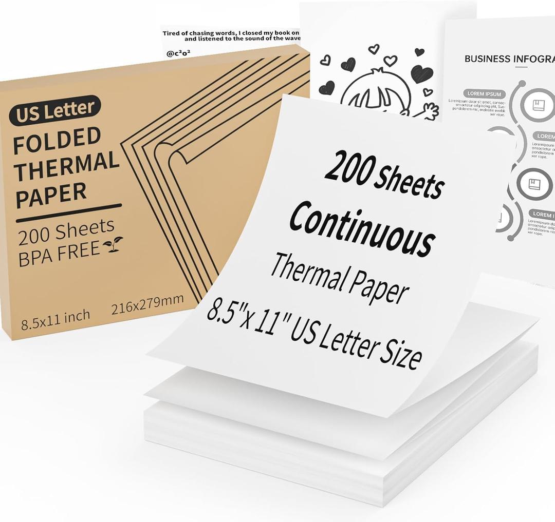 Continuous Thermal Printer Paper 8.5" x 11" US Letter Size - High-Efficiency Durable Printing for Home Work, Printing Contract, Compatible with Most Thermal Printers (200 Sheets/Continuous Folding)