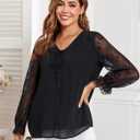 Altelime Women's Long Sleeve Drawstring Tops V Neck Dressy Casual Chiffon Blouses Elegant Double Layers Shirts (Black, XL)