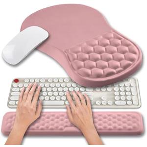 Hokafenle 2 in 1 Ergonomic Mouse Pad Wrist Support & Wrist Rest for Computer Keyboard Set, with Relieve Carpal Tunnel Pain Massage Bulge and Full Memory Gel Design (2In1 Set, Pink)