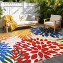Yinhua Dahlia Floral Outdoor Rug 5x7 Colorful Indoor Outdoor Rugs Washable Patio Rug Non Slip Large Flower Area Rug Low Pile Outdoor Carpet for Patio, Deck, Porch, Balcony, Camping, Red and Blue