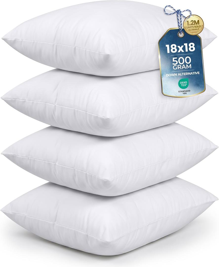 Utopia Bedding Throw Pillows (Set of 4, White) 18 x 18 Inches Down Alternative Pillows for Bed, Sofa, and Couch - Fluffy Decorative Stuffer Pillow for Indoors & Outdoors