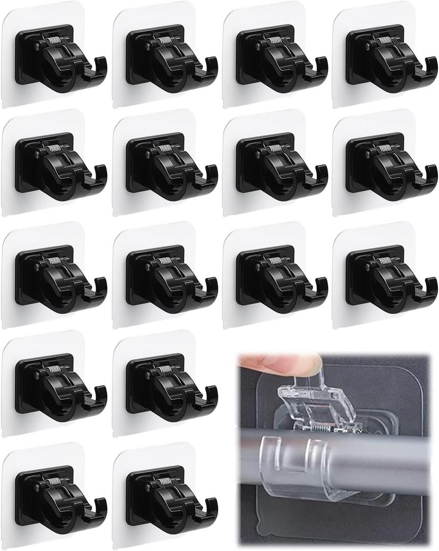 Curtain Rod Bracket No Drilling 16pcs, Self Adhesive Nail Free Curtain Rod Wall Brackets Hooks, Adjustable Drapery Towel Holder Fixing Hook for Home Bathroom Kitchen and Hotel Use (Black)