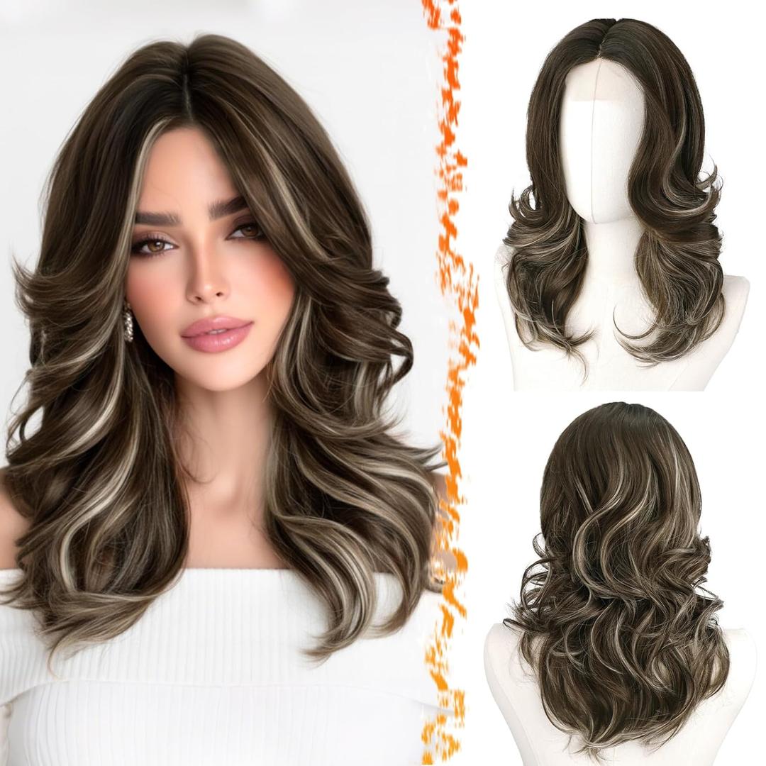 BARSDAR Short Wavy Ash Brown Highlight Wig - Shoulder Length Wavy Layered Wigs for Women - Short Layered Wig with Curtain Bangs Soft Synthetic Natural Looking Daily, Ash Brown with Blonde Highlights (16 Inch)