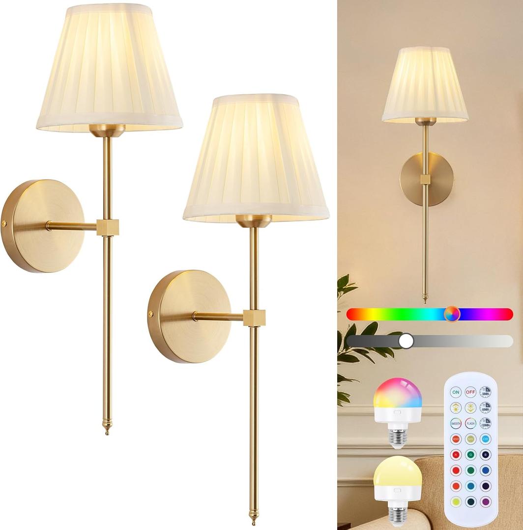 Cordless Battery Operated Wall Sconces Set of 2, Rechargeable Wall Sconce with Remote, Fabric Shade Wireless Wall Sconce Fixtures for Bedroom, Living Room, Bedside (2 Bulbs Included) Gold, 20 inches