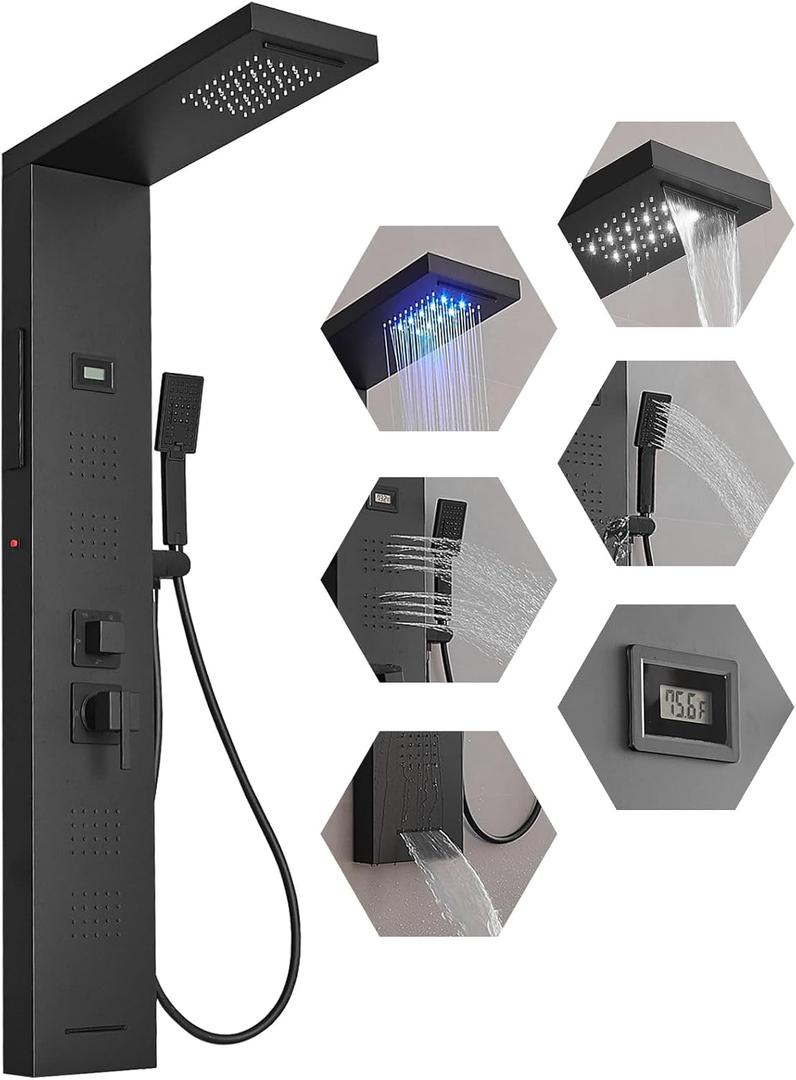 BWE LED Shower Panel Tower System Matte Black 5-Function Shower Column with Rainfall Waterfall Shower Head 4 Body Jets with Tub Spout Water Temperature Display Wall Mount