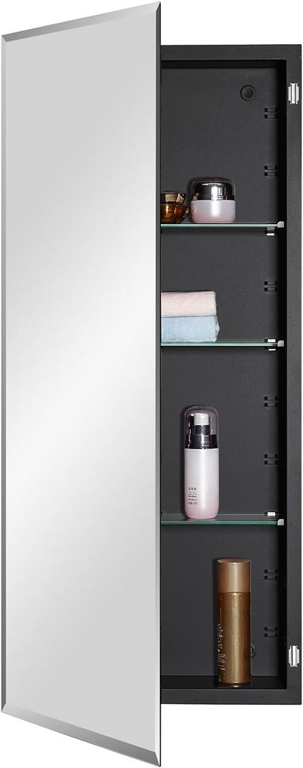 IDYLLOR Black Bathroom Medicine Cabinet with Beveled Edge Mirrored Door 16 x 36 inch, Recessed or Surface Mount, with Adjustable Glass Shelves