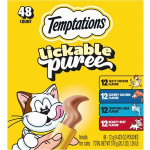 Temptations Creamy Puree Squeezable Lickable Cat Treats, Wet Cat Treats with Beef, Salmon, Chicken, and Tuna Variety Pack, 0.42 oz. Tubes, 48 Count (EXP 08/28/27)