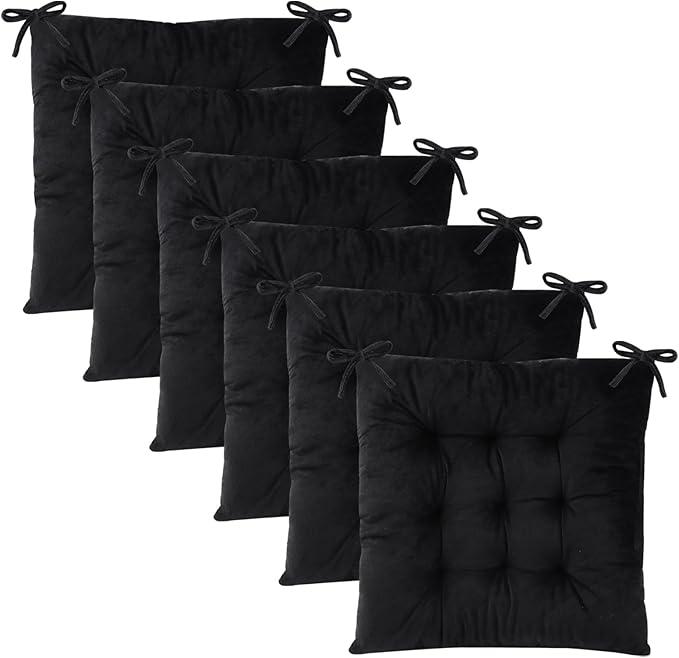 6 Pack Square Seat Cushion Chair Pads for Kitchen Dining Chairs, Soft Comfort Velvet Chair Mat Pillow Cushions with Ties for Office Desk Living Room Tatami 15.5", Black
