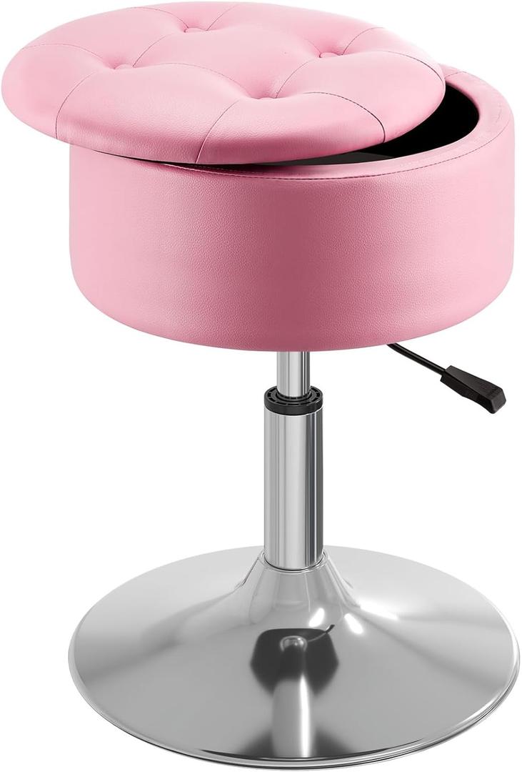GREENSTELL Vanity Stool with Storage, 19" to 23" Height Adjustable PU Leather Vanity Chair, 360 Swivel Makeup Stool with Removeable Tray, Modern Ottoman for Bedroom Bathroom, Pink