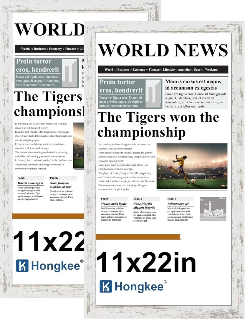 Hongkee 11x22 Newspaper Frame 2 Packs, Real Glass and Distressed White Wood Frame, Display Panoramic 11 x 22 Magazine Frames - Horizontal or Vertical Wall Mounting