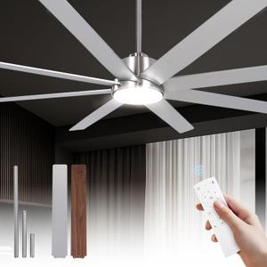 72Inch Large Brushed Nickel Ceiling Fans with Light and Remote Control,8 Wooden Blades,6-Speeed,3CCT,Quiet Reversible DC Motor,Indoor Outdoor Ceiling Fan for Patio/Living Room/Garden