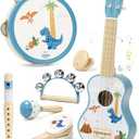 Lehoo Castle Kids Guitar Set, Dinosaur Guitar for Toddlers 1-3, Wooden Montessori Musical Instruments 7 in 1 with Ukulele/Tambourine/Maracas/Flute, Mini Band Set Birthday Gift for Boys Girls